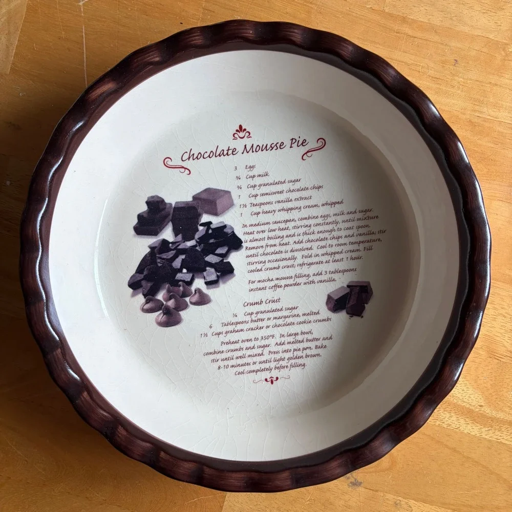 Chocolate Mousse Pie Recipe Ceramic Dish Scalloped Brown Rim Vintage